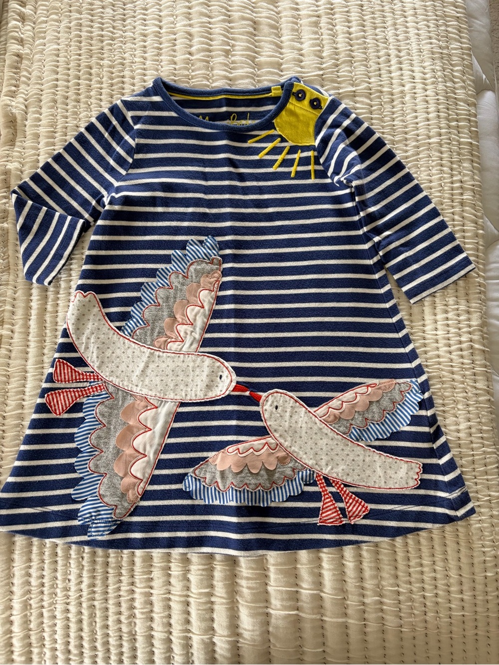 Mini Boden Navy and White Striped Tunic Top with Birds & Sun 2/3 yr